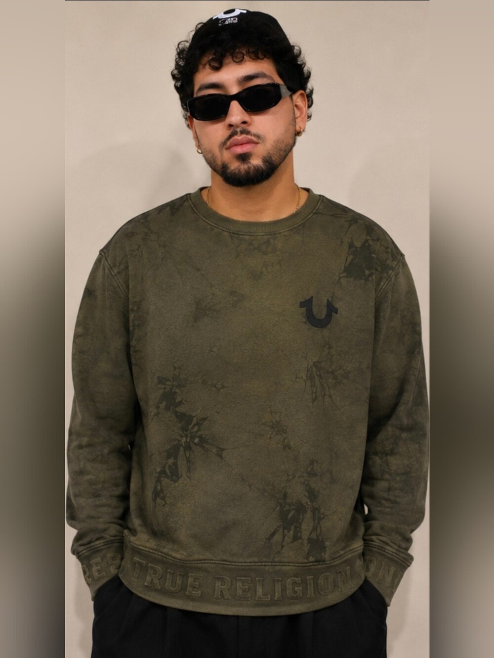 New True Religion Men's Debossed logo raw trim sweatshirt Rib Pullover Green XL